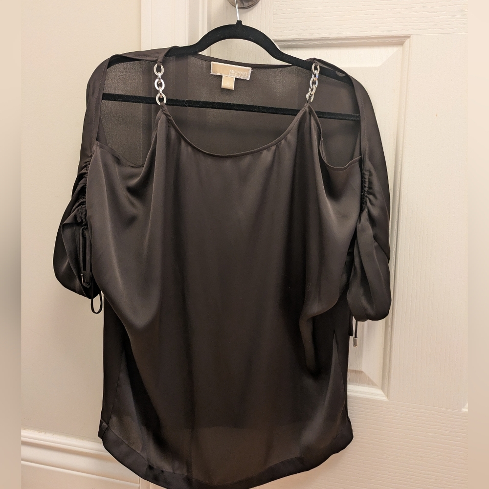 Michael Kors Black Satin Cold-Shoulder Blouse with Chain Straps